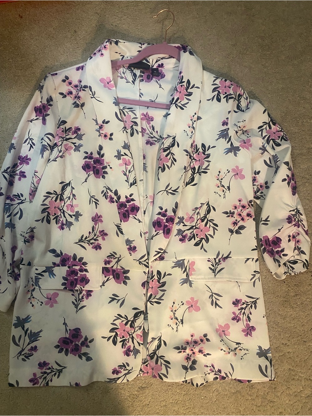 White Floral Shawl-Collar Blazer Jacket - Purple & Pink Print